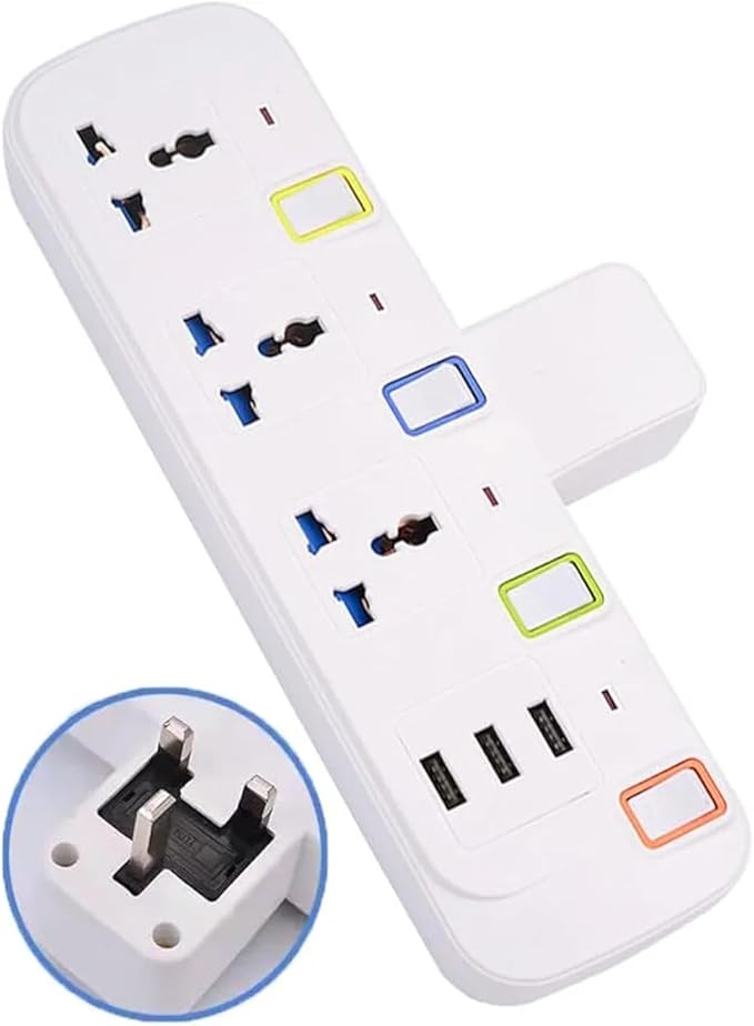 Universal Power Strip with 3 Universal Outlets, 3 USB Ports, Individual Switch Controls, White