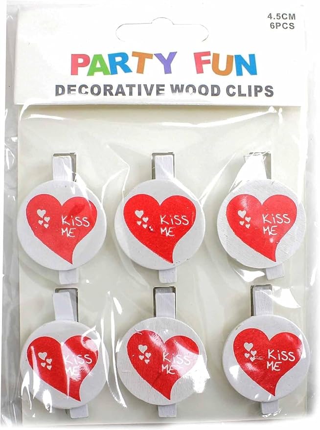 Party Fun Decorative Wood Clips with Kiss Me Hearts Design, 4.5 cm, White and Red, 6 Pieces