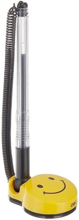 Desk Pen Stand with Smiley Face Base, Spring Coil Design, Yellow and Silver