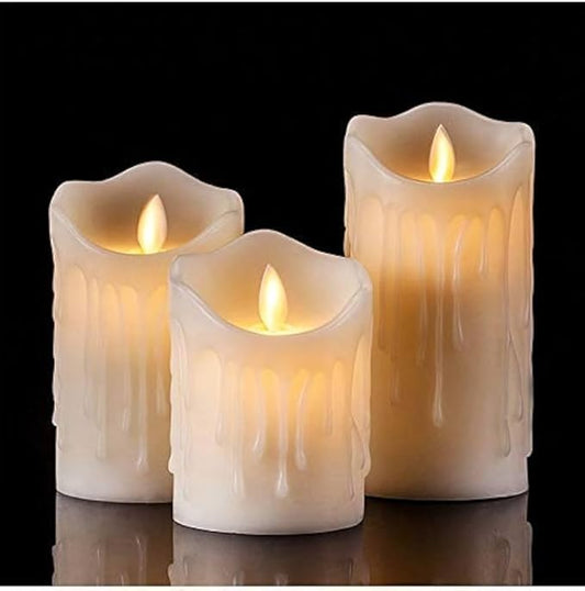 LED Flameless Candles Set of 3, Drip Effect Design, Battery Operated with Moving Flame, White