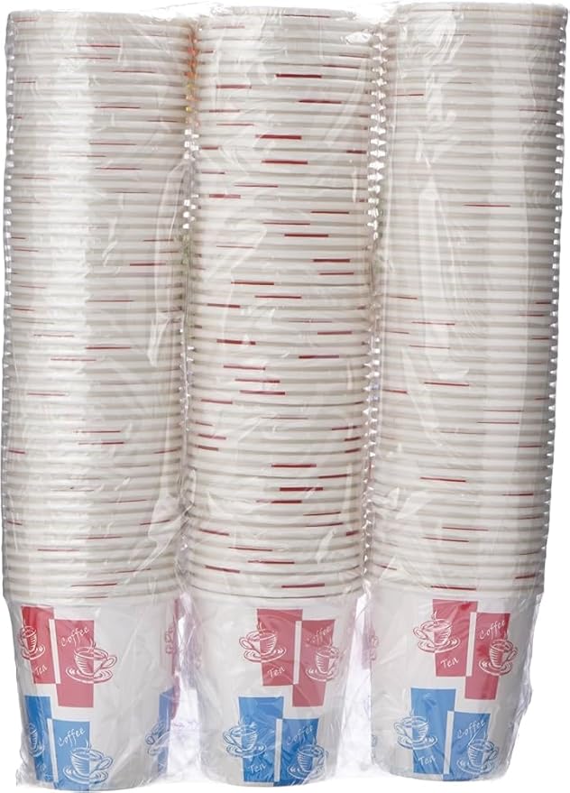 Disposable Paper Coffee Cups with Tea Design, 150-Pack, White with Blue and Pink Print