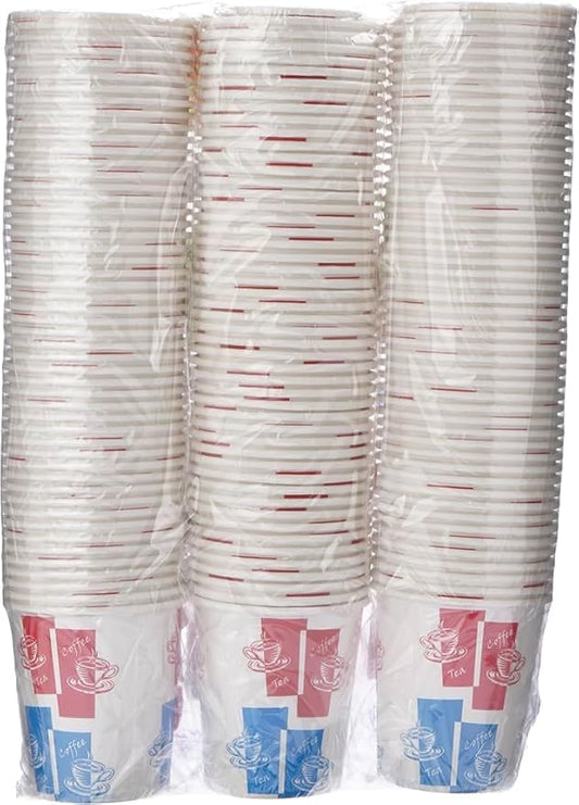 Disposable Paper Coffee Cups with Tea Design, 150-Pack, White with Blue and Pink Print