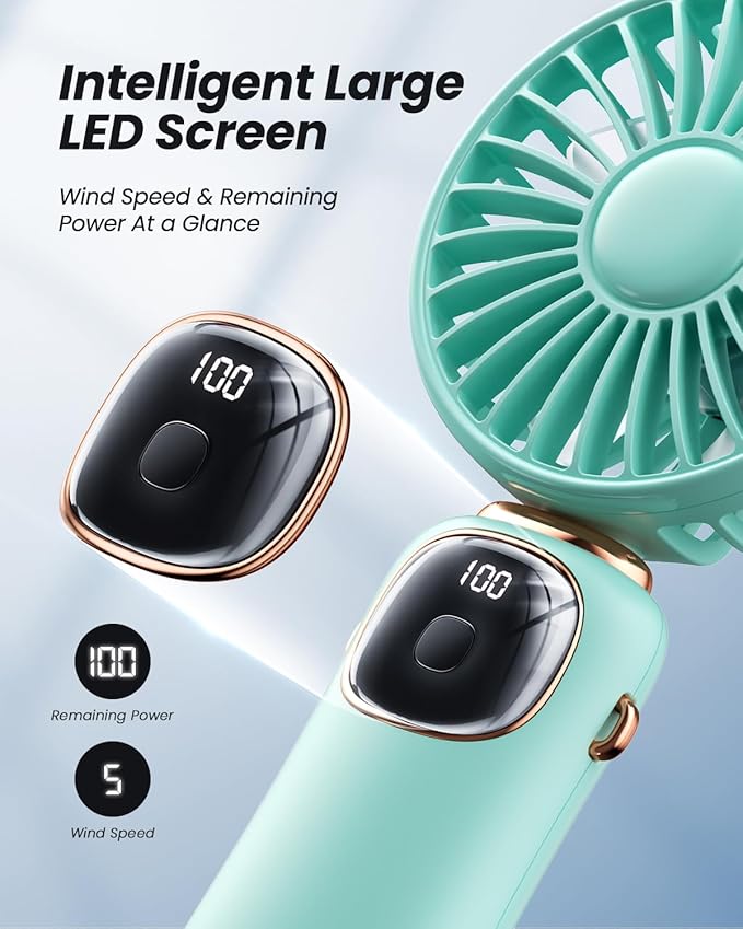 coldSky Portable Handheld Fan, 4000mAh Battery Operated Fan with LED Display, Handheld/Neck/Desk 3 in 1 Personal Small Fan, 90° Foldable Desk Fan with Base, 5 Speed Lash Fan Makeup Fan for Women