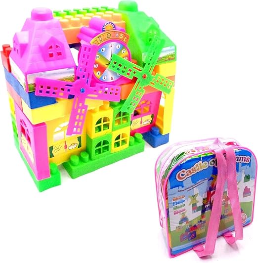 Castle Dreams Building Blocks Set with Windmill Clock, Educational Construction Toy with Storage Backpack, Multicolour