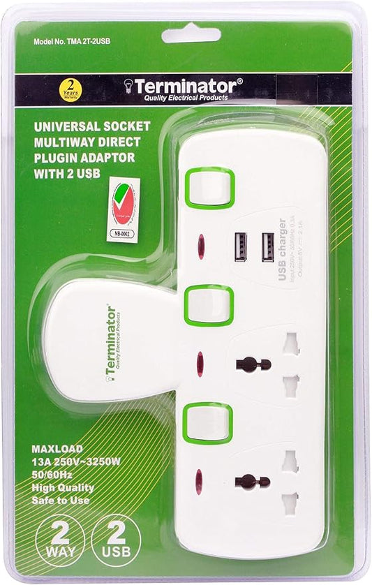 Terminator 2 Way Universal T Socket With 2Usb, 2.1Ah Individual Switch And Indicator With Fused In White Color-Tma 2T-2Usb