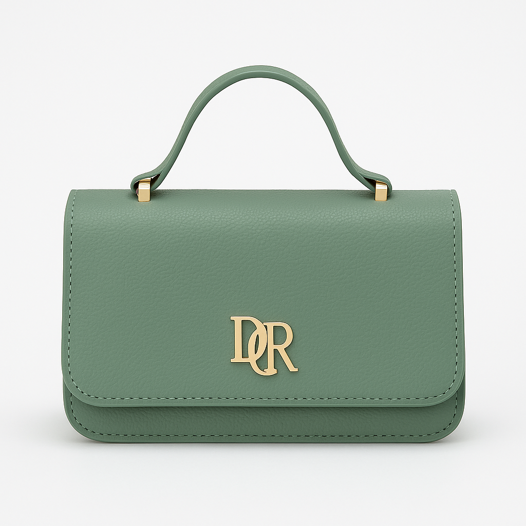 Elegant Blush Pink Leather Mini Handbag with Gold DR Logo – Top Handle Purse