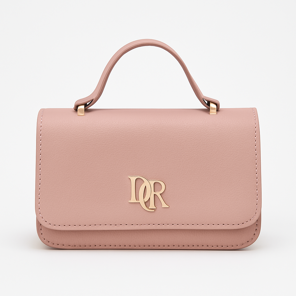 Elegant Blush Pink Leather Mini Handbag with Gold DR Logo – Top Handle Purse