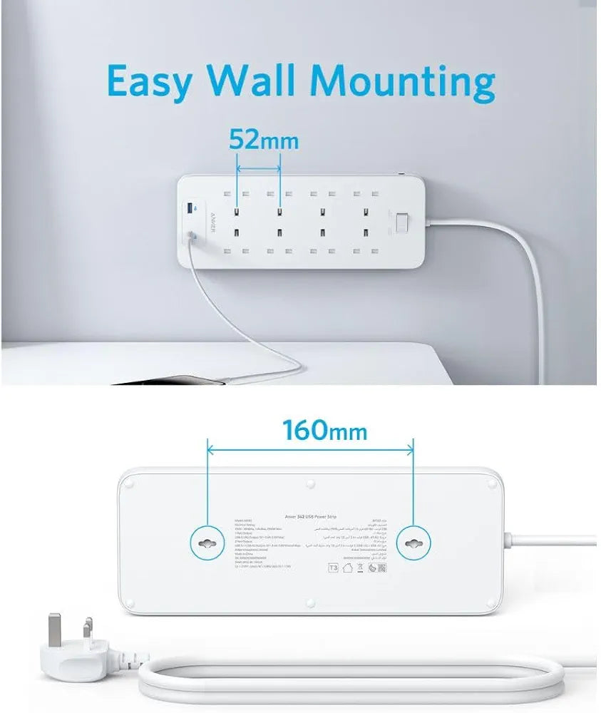 Anker 342 Power Strip with 8 AC Outlets & 2 USB Ports (12W Extension), PowerIQ Technology, Surge Protection, Fire-Resistant Casing, 1.8m Cable, Wall Mountable, for Home and Office