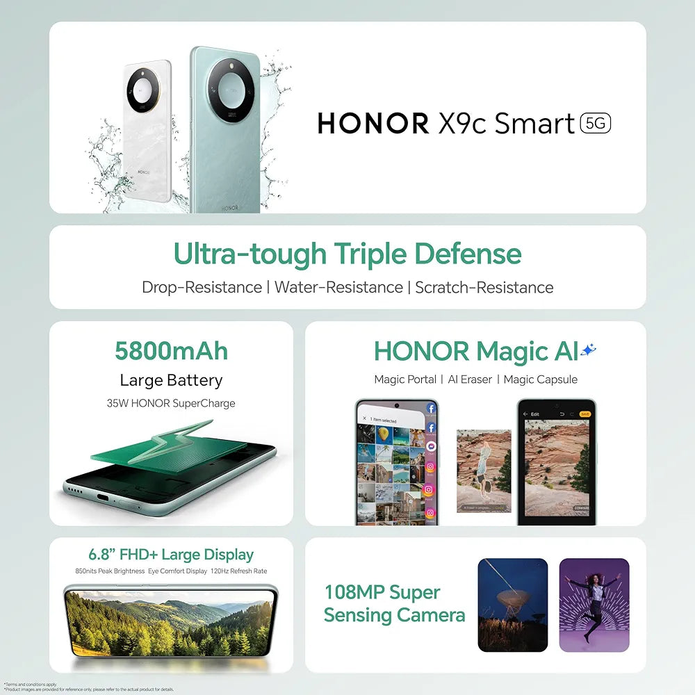HONOR X9c Smart 5G (12+12+256GB), 120Hz 6.8 Inh Display, Drop Resitant, Scratch Resistant, Water Resistant Smartphone, Moonlight White - UAE Version