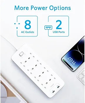 Anker 342 Power Strip with 8 AC Outlets & 2 USB Ports (12W Extension), PowerIQ Technology, Surge Protection, Fire-Resistant Casing, 1.8m Cable, Wall Mountable, for Home and Office