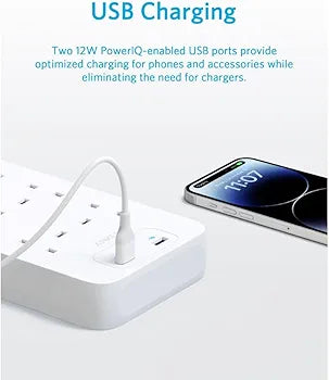Anker 342 Power Strip with 8 AC Outlets & 2 USB Ports (12W Extension), PowerIQ Technology, Surge Protection, Fire-Resistant Casing, 1.8m Cable, Wall Mountable, for Home and Office